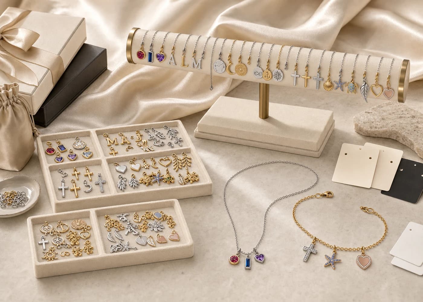 Boutique charm bar display with stainless steel charms, chains, packaging, and private-label cards