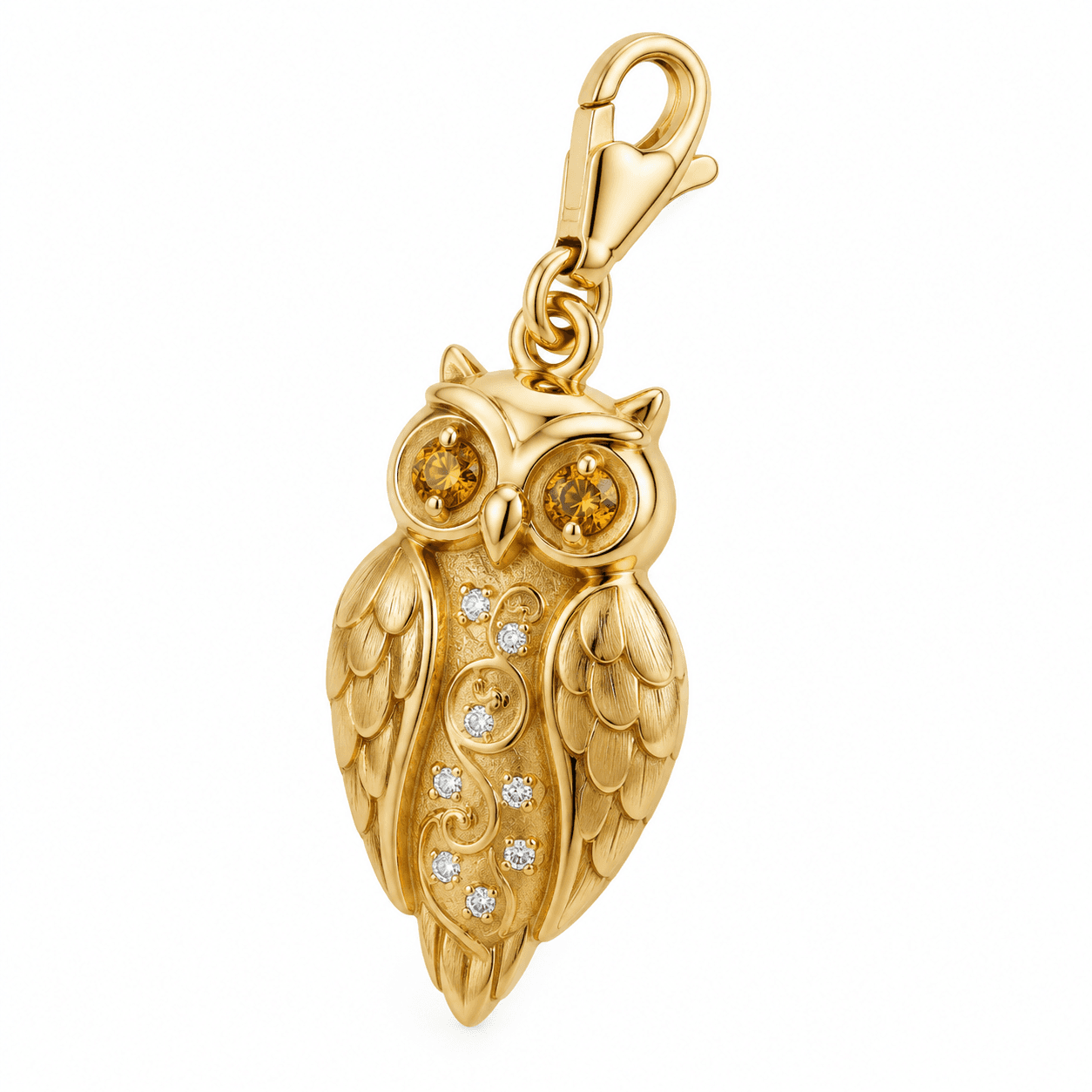 Gilded Owl Under Moonlight 316L Charm, Gold Plated, Pave Eyes