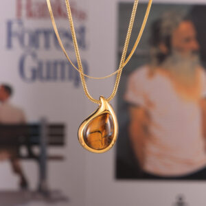 Double Layered Tiger Eye Stone Pendant Necklace - Image 3