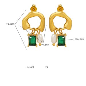 Green Stone Pearl Pendant Earrings - Image 3