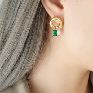 Green Stone Pearl Pendant Earrings - Image 2