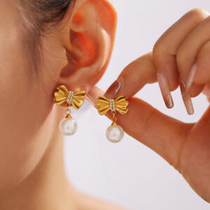 Bow Pearl Pendant Stud Earrings - Image 2