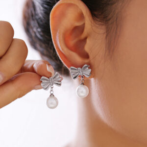 Bow Pearl Pendant Stud Earrings - Image 3